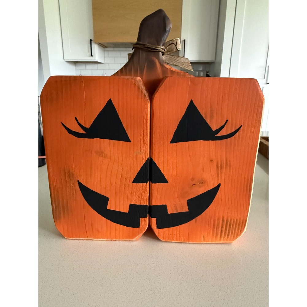 Handmade Reversible Wooden Pumpkin Jack-O-Lantern Fall Halloween Decor 12in